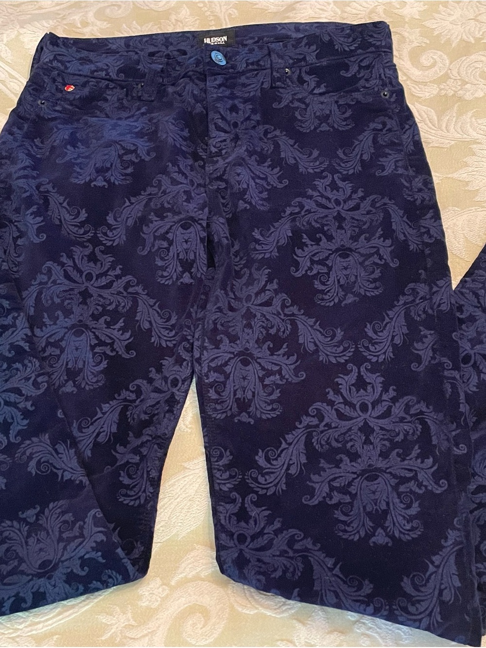 Hudson Sz 29 Nico Super Skinny Pants Blu Tonal Damask Textured Soft Brocade Y2K
